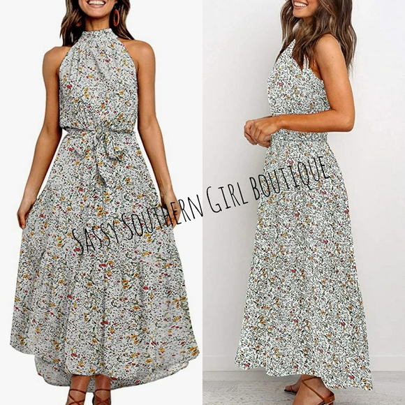 Sassy Southern Girl boutique Dresses Boho White Floral Halter Tie